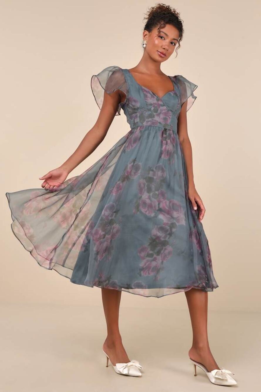 NWT Lulus Mesmerizing Mood Slate Floral Organza Ruffled A-Line Midi Dress Sz XL